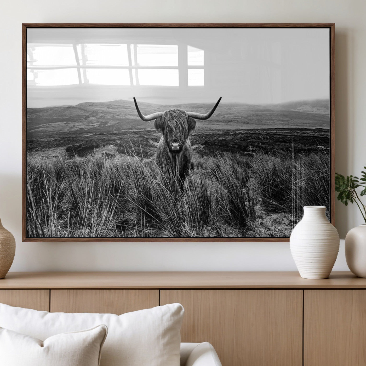 MGV-FP-36X24-3P - Black and White Highland Cow Canvas Wall Art, Longhorn Triptych Western Wall Decor for Cabin -