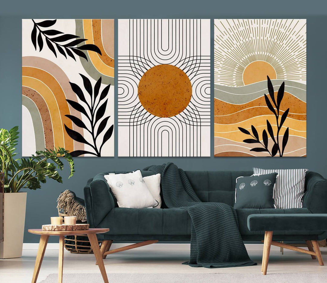 Modern Boho Sun and Leaf Abstract Art – 3-Panel Giclée Canvas for Mid-Century Modern or Bohemian Wall Decor