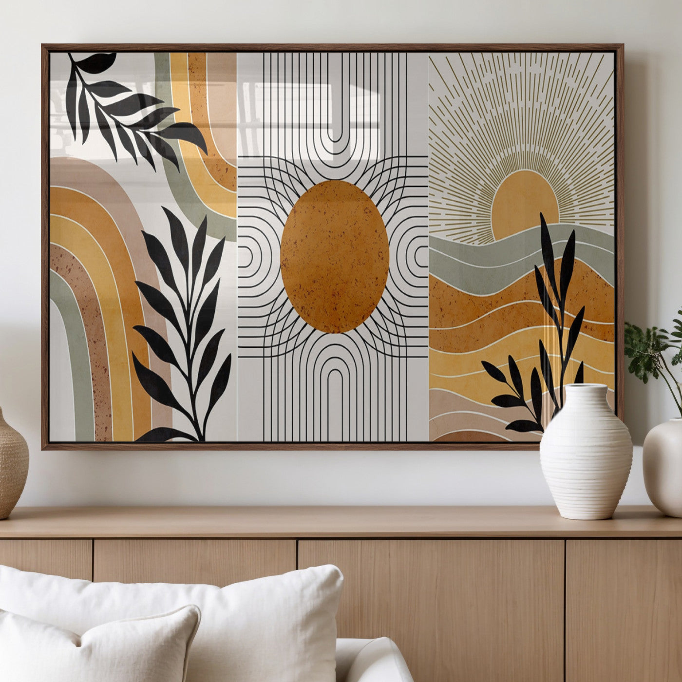 MGV-FP-36X24-3P - Modern Boho Sun and Leaf Abstract Art – 3-Panel Giclée Canvas for Mid-Century Modern or Bohemian