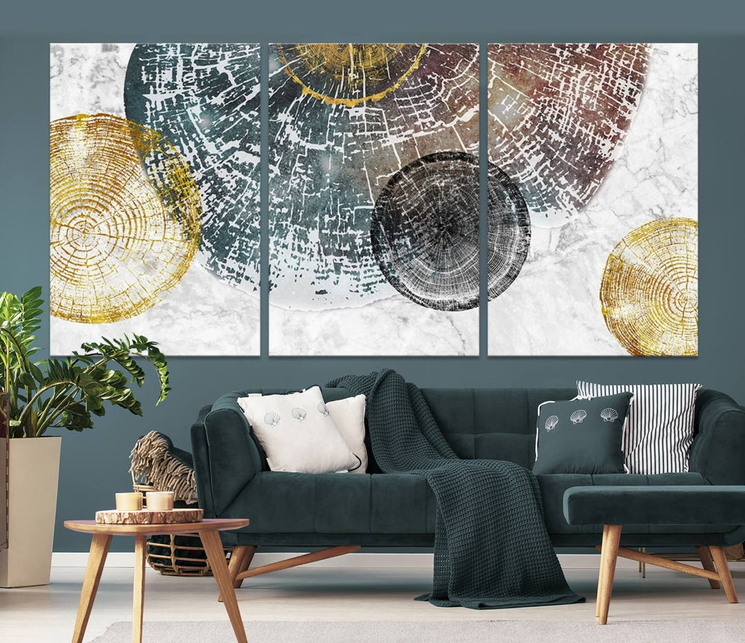 Contemporary living room showcasing the "Wood Lines" 3 Panel Abstract Wall Art Canvas Print displaying museum-quality tree ring art on the wall.