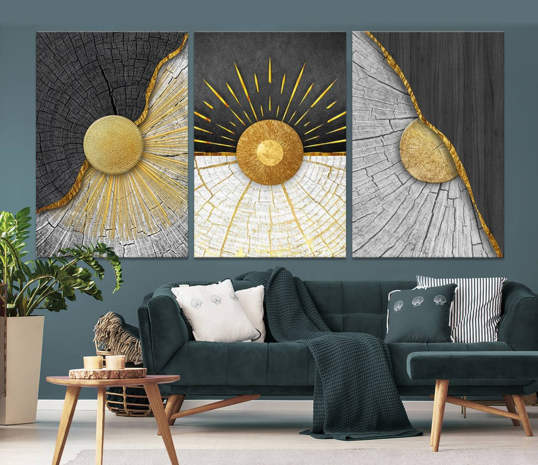 A contemporary living room is enhanced by the Minimal Style 3 Panel Abstract Wall Art Canvas Print in gold and gray. Each panel arrives ready to hang, providing an easy fusion of elegance and modernity.