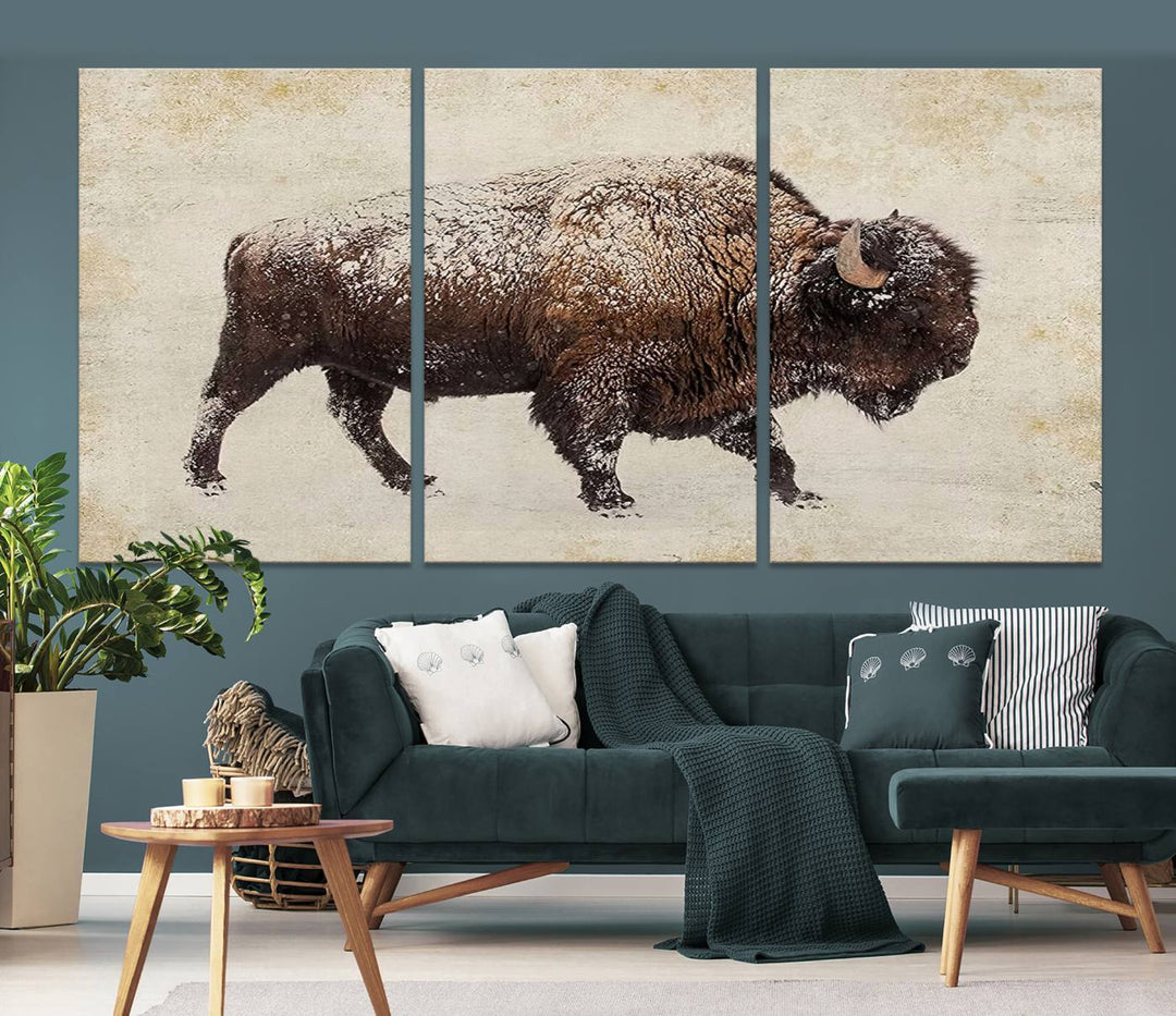 The "Buffalo Wall Art" canvas print, featuring a Western bison, hangs prominently, infusing the space with rustic cowboy and Western decor.