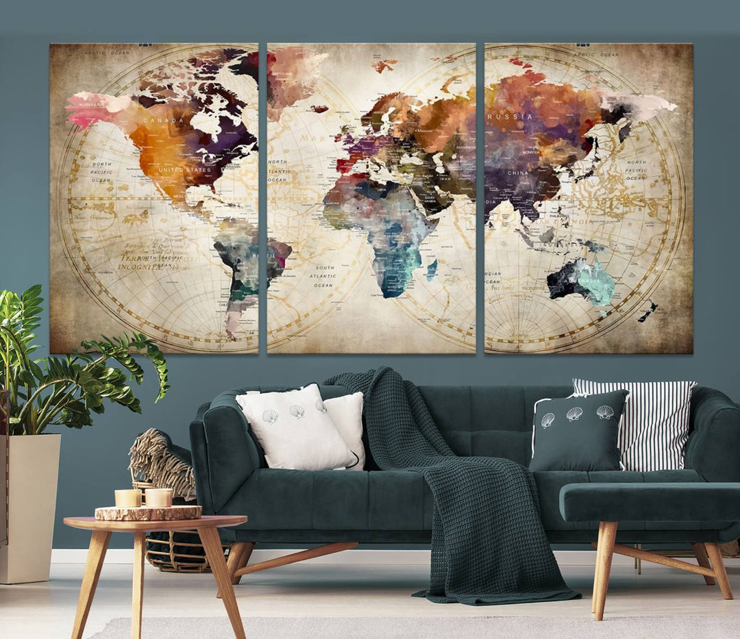 A World Map Wall Art Canvas Print featuring vibrant colors is crafted on museum-quality canvas, adding a touch of elegance to the room.