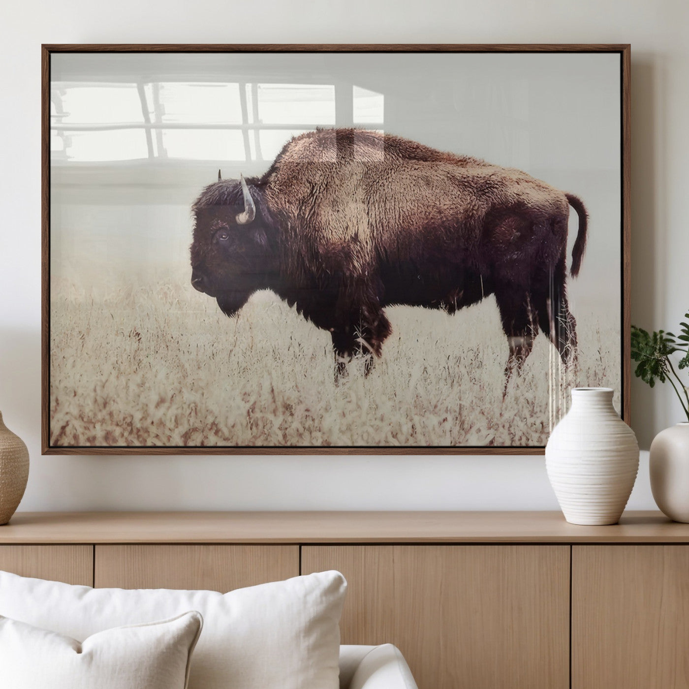 MGV-FP-36X24-3P - Bison in Field Wall Art Canvas Print For Farmhouse Barn Decor