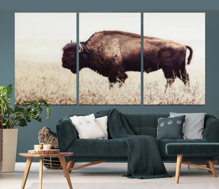 A stylish living room showcases the captivating "Bison in Field" Wall Art Canvas Print as farmhouse decor.