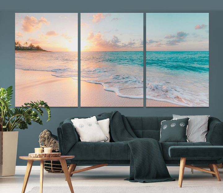 Beach Sunrise Wall Art, Coastal Seascape Canvas Print, Ocean Wave Multi-Panel Giclee, Coastal Sunset Beach Scene for Modern Decor