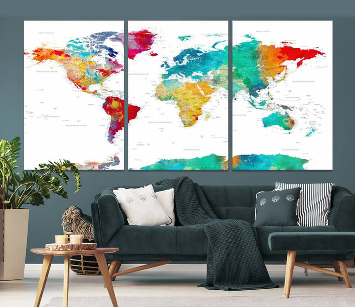 A stunning Colorful World Map Triptych Canvas Print, featuring a ready-to-hang framed design, adds vibrancy and modern flair to the space, effortlessly elevating the entire home décor.