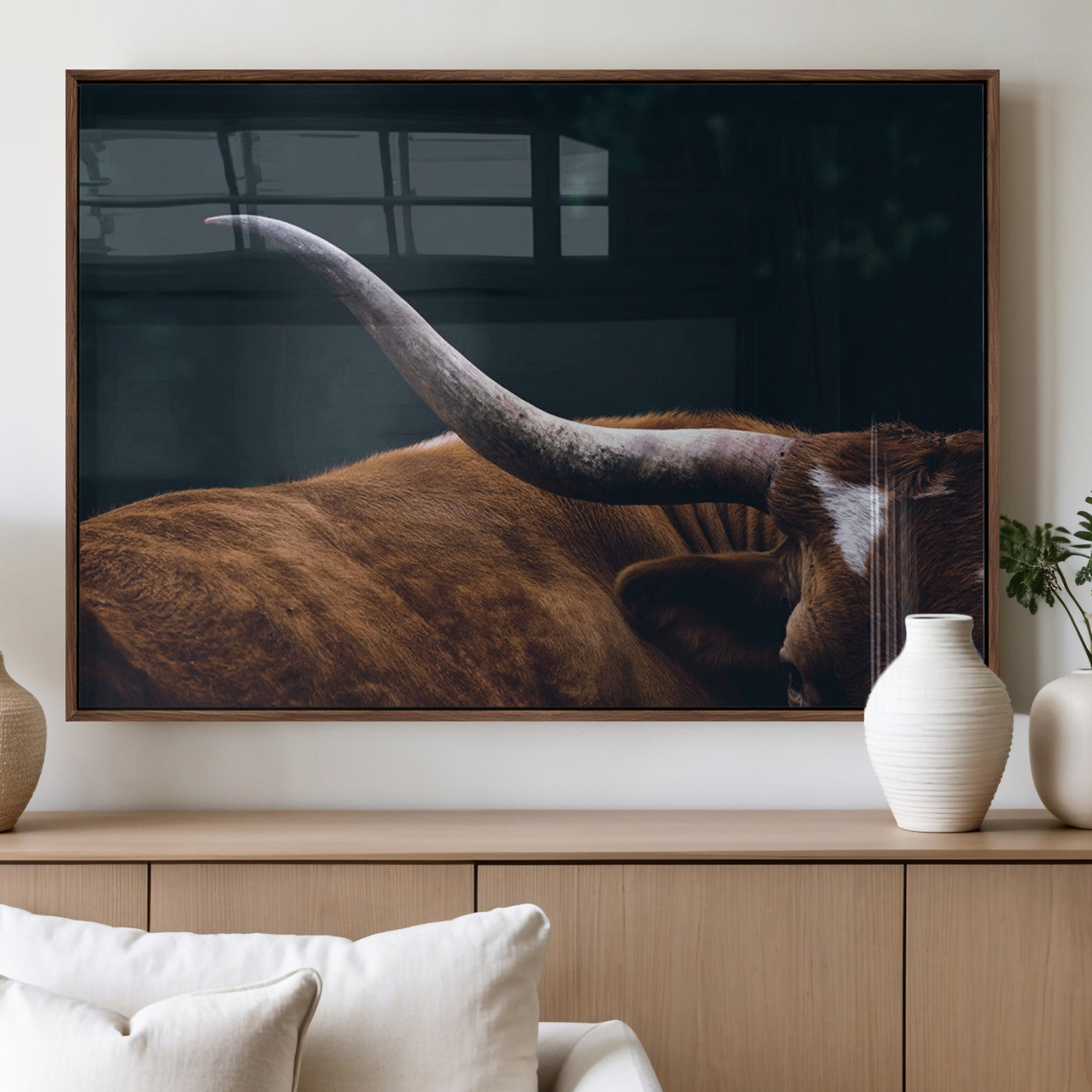 MGV-FP-36X24-3P - Texas Longhorn Bull Wall Art Canvas Print - Large Framed Canvas Wall Art, Farmhouse Cabin Wall
