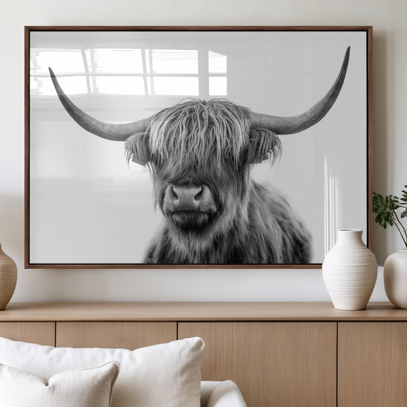 MGV-FP-36X24-3P - Grayscale Scottish Highland Cow Cattle Art Print Farmhouse Wall Art Canvas Print