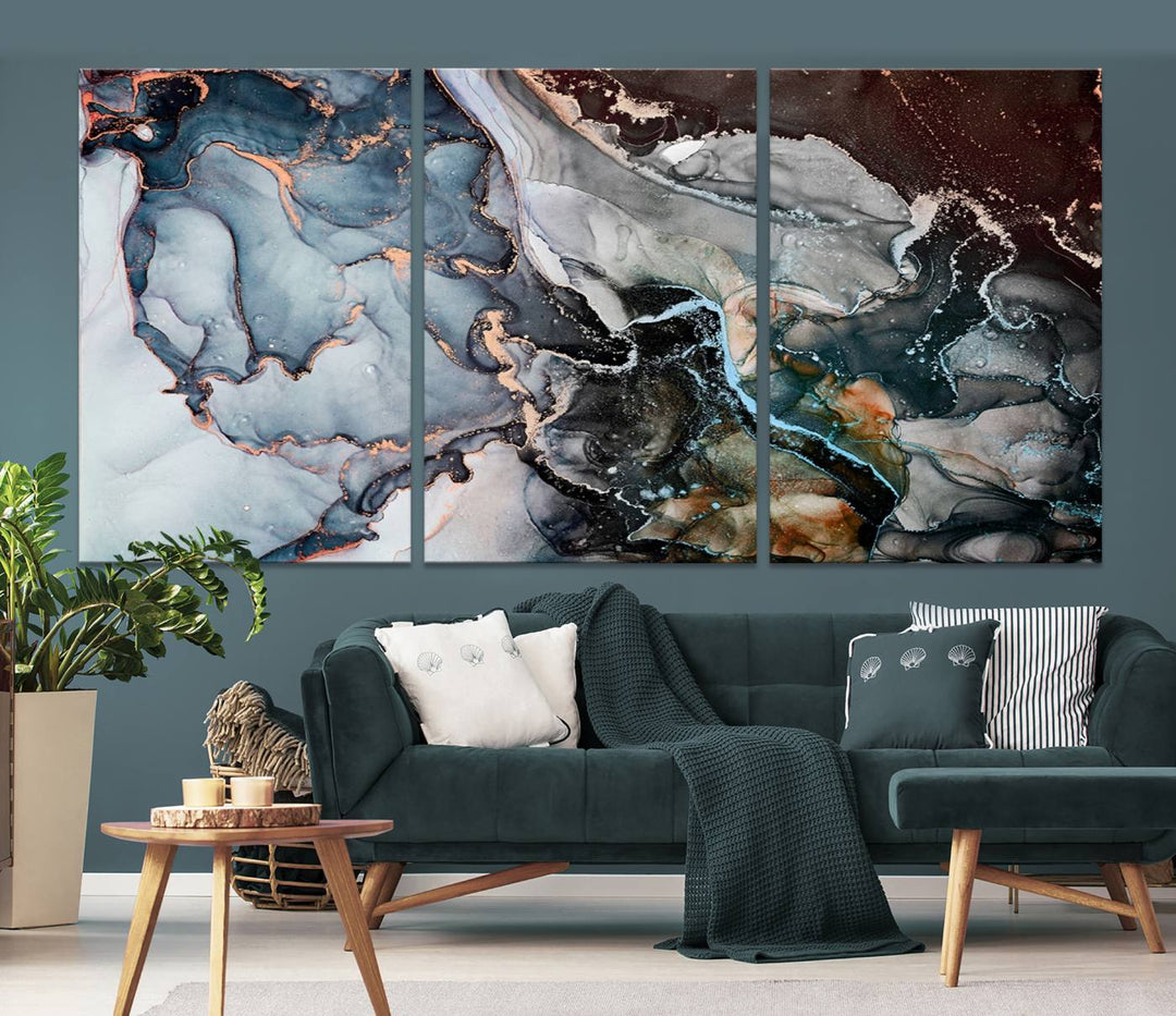 The Mix Color Large Abstract Marble Wall Art Canvas Print is printed on museum-quality canvas. It features a UV-protective coating and is ready to hang, adding elegance to the room.