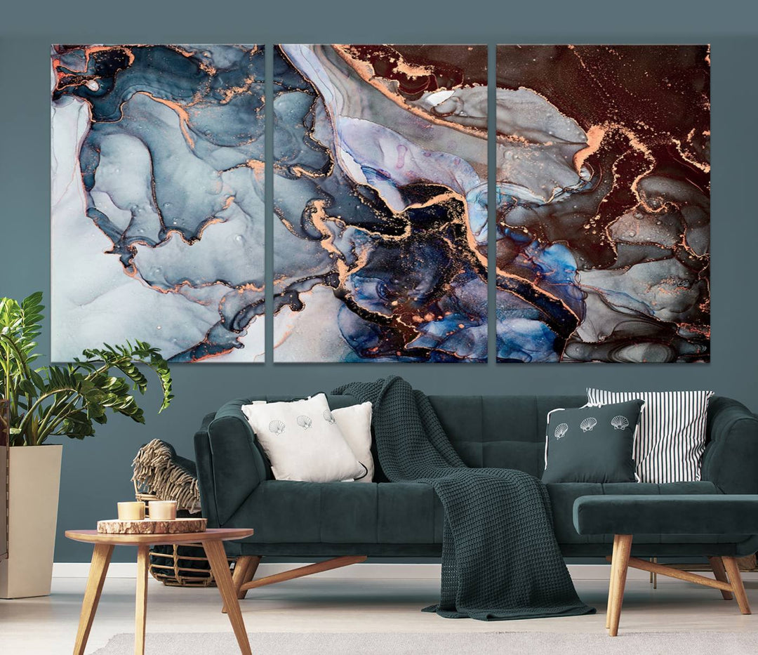 Brown Blue Abstract Marble Wall Art Canvas Print