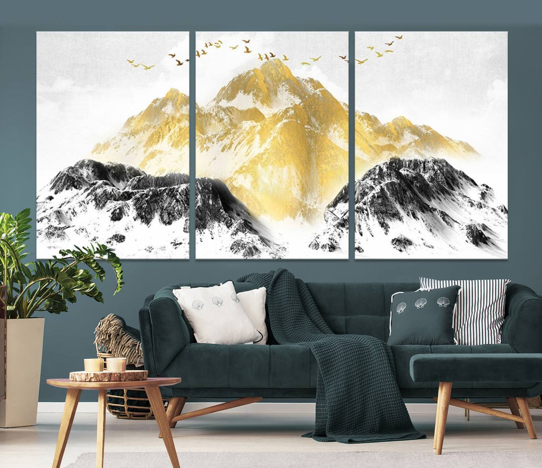 Golden Mountain Triptych Wall Art, Modern Giclee Canvas Print, Nature Landscape Decor for Living Room, Contemporary Gold and Black Wall Art