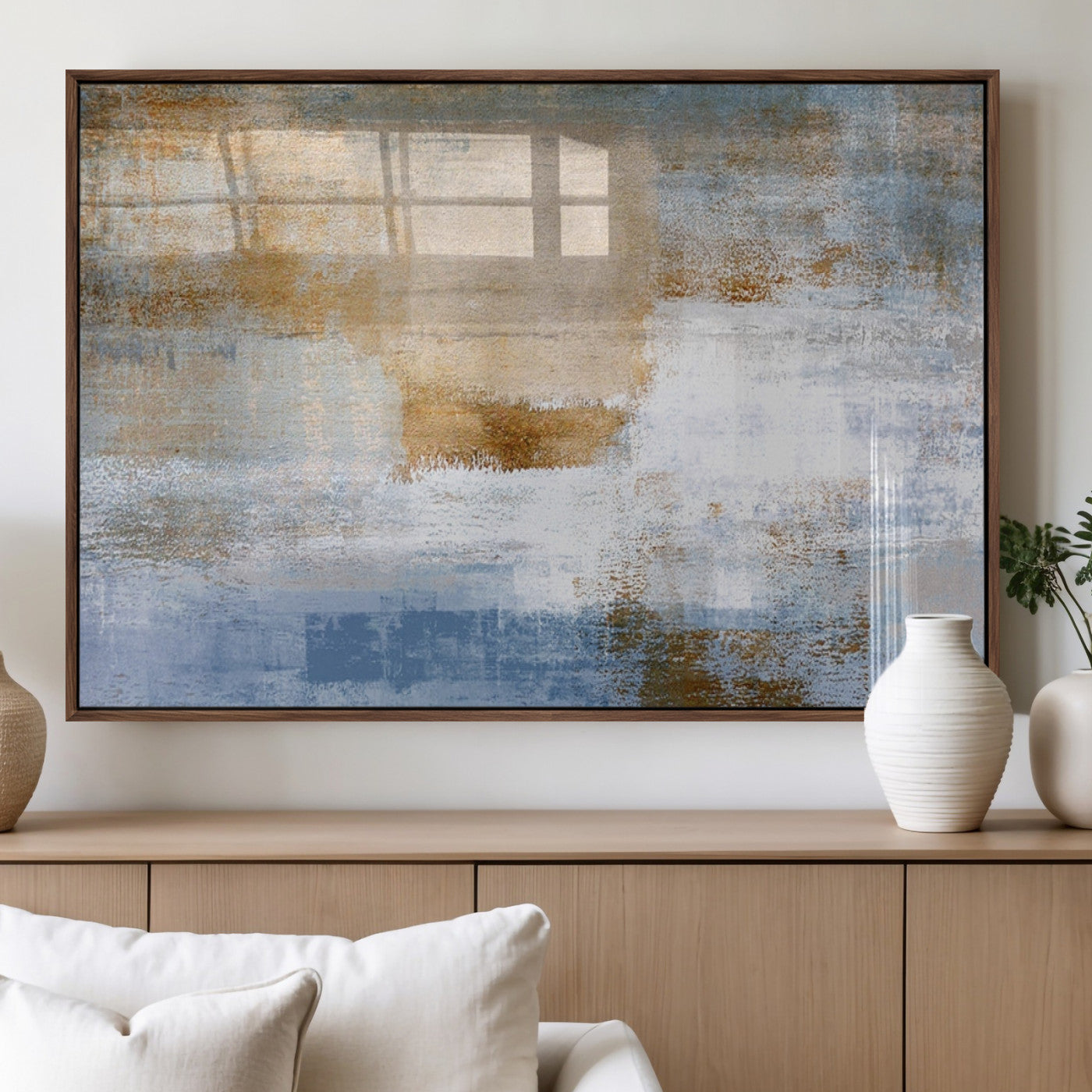 MGV-FP-36X24-3P - Blue Multi Panel Abstract Wall Art Canvas, Abstract Blue and Gold Canvas Print