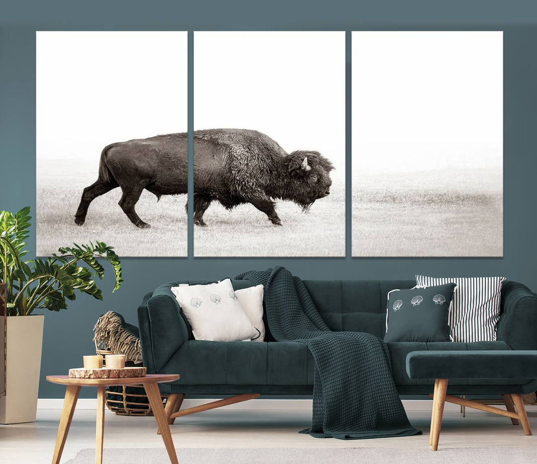 American Bison in Grasslands Triptych Canvas Wall Art – Western-Inspired Nature Decor for Home or Office