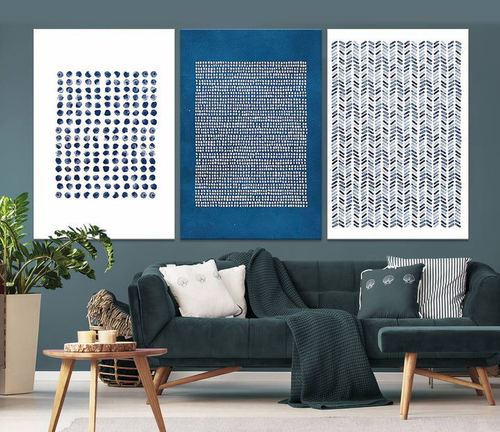 The modern living room is beautifully complemented by the "Canvas Print Wall Art Set Navy Blue White Geometric Dot Collage Abstract Illustr Art" on the wall. This art is printed on museum-quality canvas with a UV-protective coating for enhanced durability and vibrancy. Each piece is ready to hang, offering an effortless upgrade to your space.