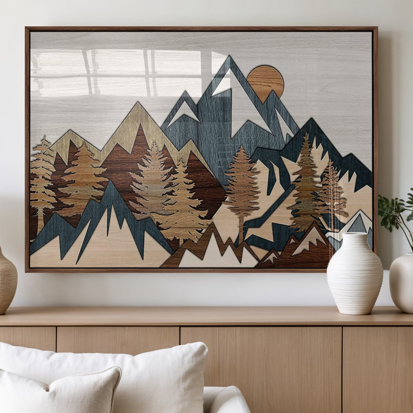 MGV-FP-60X30-3P - Rustic Abstract Wood Panel Effect Canvas Mountain Range Top Wood Wall Art Canvas Print
