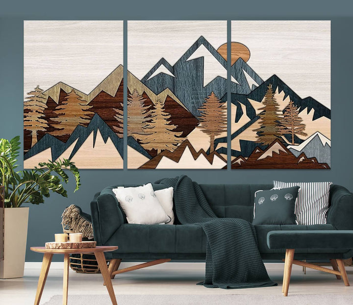 Woodland Mountain Landscape Triptych, Giclee Canvas Art for Modern Home, Rustic Wooden Nature Wall Art, Large Mountain and Tree Canvas for Living Room