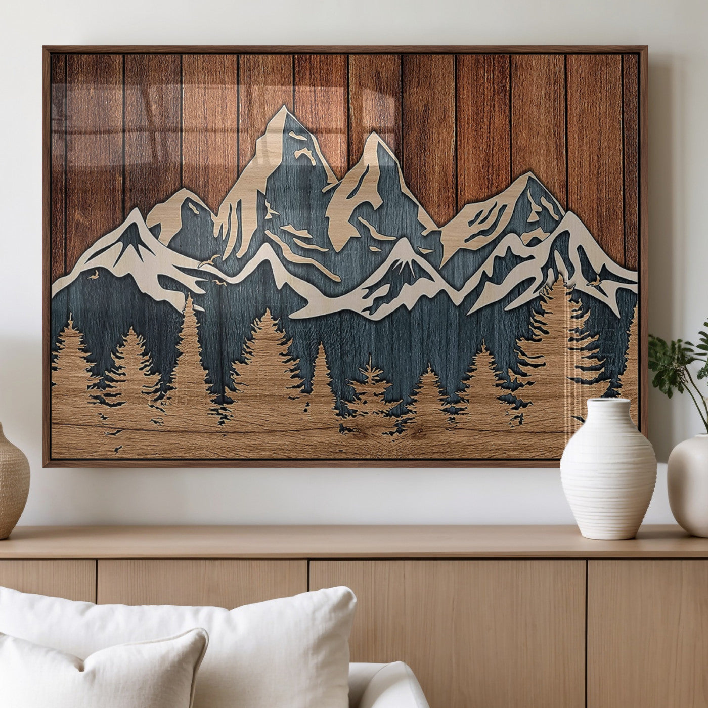 MGV-FP-36X24-3P - Rustic Wood Style Mountain Wall Art, Nature Forest Canvas Print, Wooden Textured Mountain Artwork,