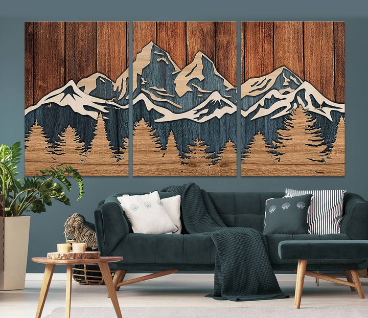 Rustic Wood Style Mountain Wall Art, Nature Forest Canvas Print, Wooden Textured Mountain Artwork, Handcrafted Landscape Decor for Farmhouse Decor