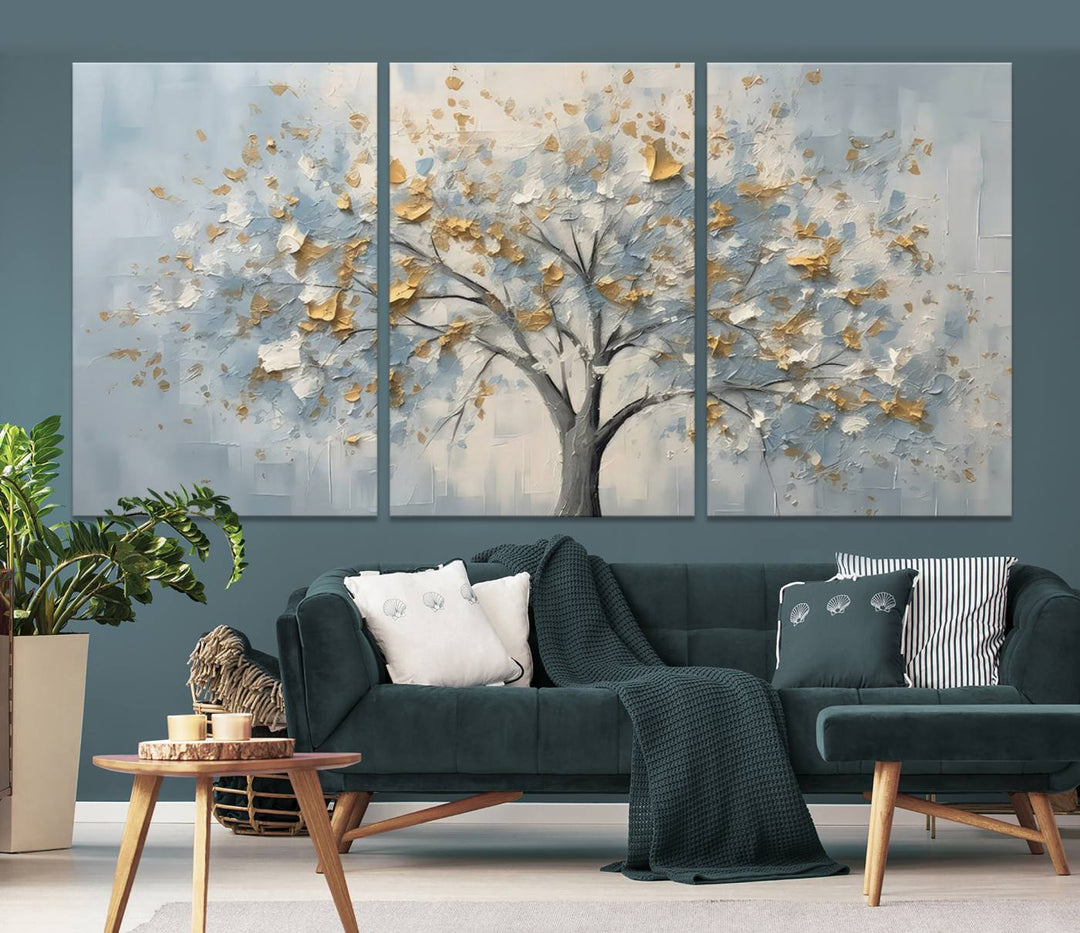 Abstract tree canvas wall art with gold and blue textured leaves, ready to hang in living room or bedroom.