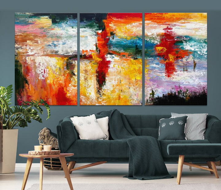 A Colorful Abstract Wall Art Canvas Print graces the wall, making this ready-to-hang masterpiece, complete with UV-protective coating, perfect for elevating any space with its vibrant allure.