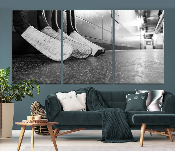 A living room featuring a large Ice Hockey Wall Art Canvas Print on gallery-wrapped canvas.