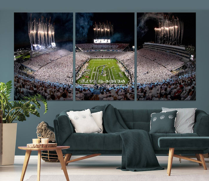 The Penn Stadium Football Wall Art Canvas Print showcases the lively ambiance of a bustling Pennsylvania University football stadium illuminated by fireworks.