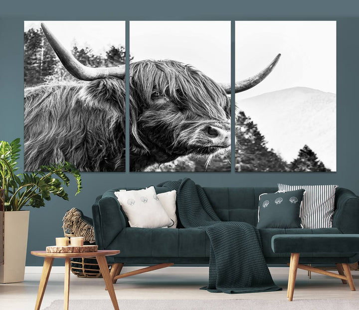 The Scottish Longhorn Wall Art Canvas Print features a highland cow with long horns and shaggy hair displayed on a museum-quality canvas. Equipped with a UV-protective coating for durability, it's ready to hang and enjoy for years to come.