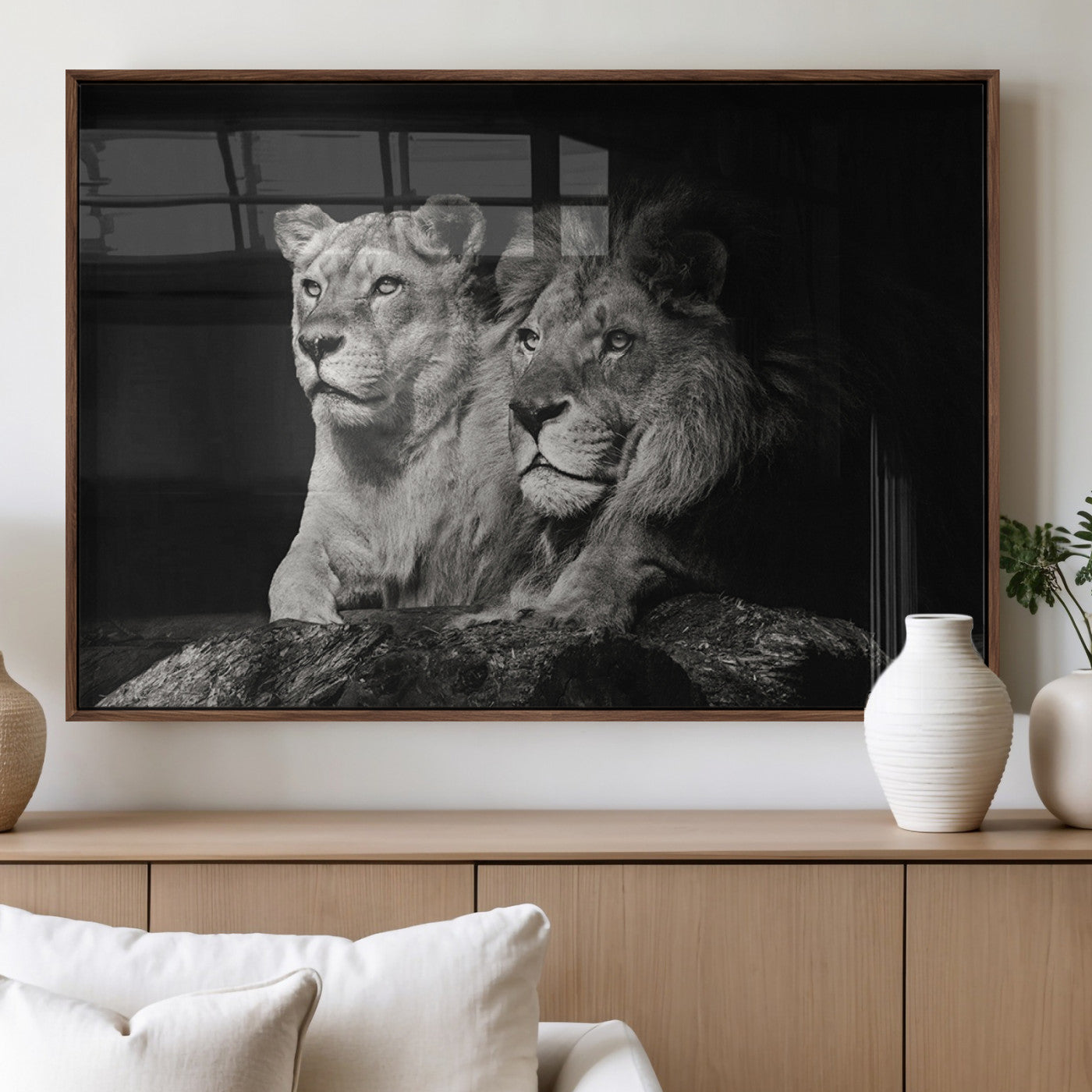 MGV-FP-36X24-3P - Lion Couple Canvas Wall Art Print – Elegant Wildlife Portrait in Black and White Lion Family – Ready