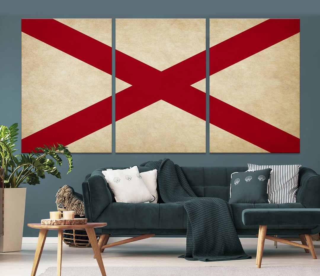 The USA Alabama States Flag Wall Art, featuring a red diagonal cross on a cream background, is elegantly displayed on museum-quality canvas with a UV-protective coating.