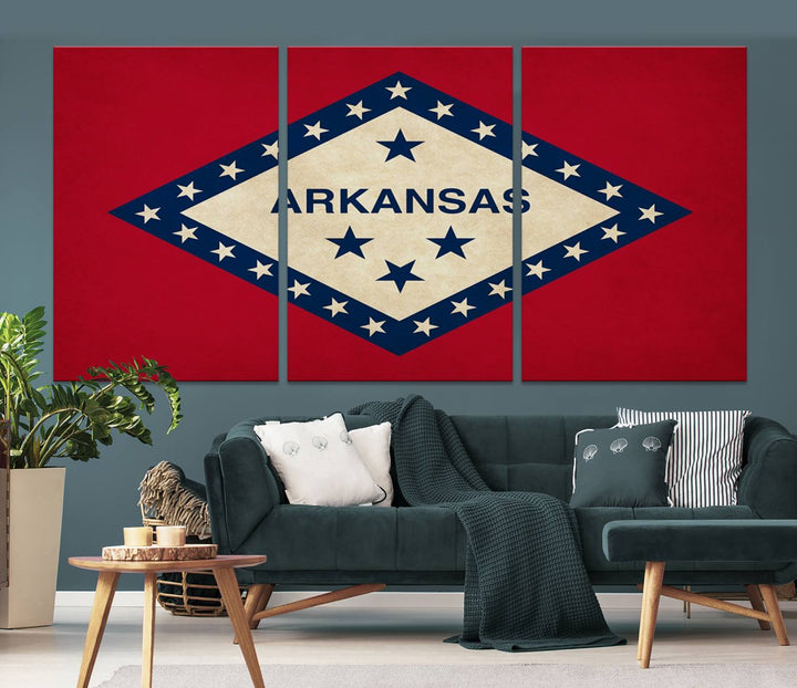 The Arkansas Flag Wall Art Canvas Print is displayed on gallery-wrapped, museum-quality canvases. Its vibrant colors are preserved by a UV-protective coating, ensuring long-lasting brilliance in your living space.