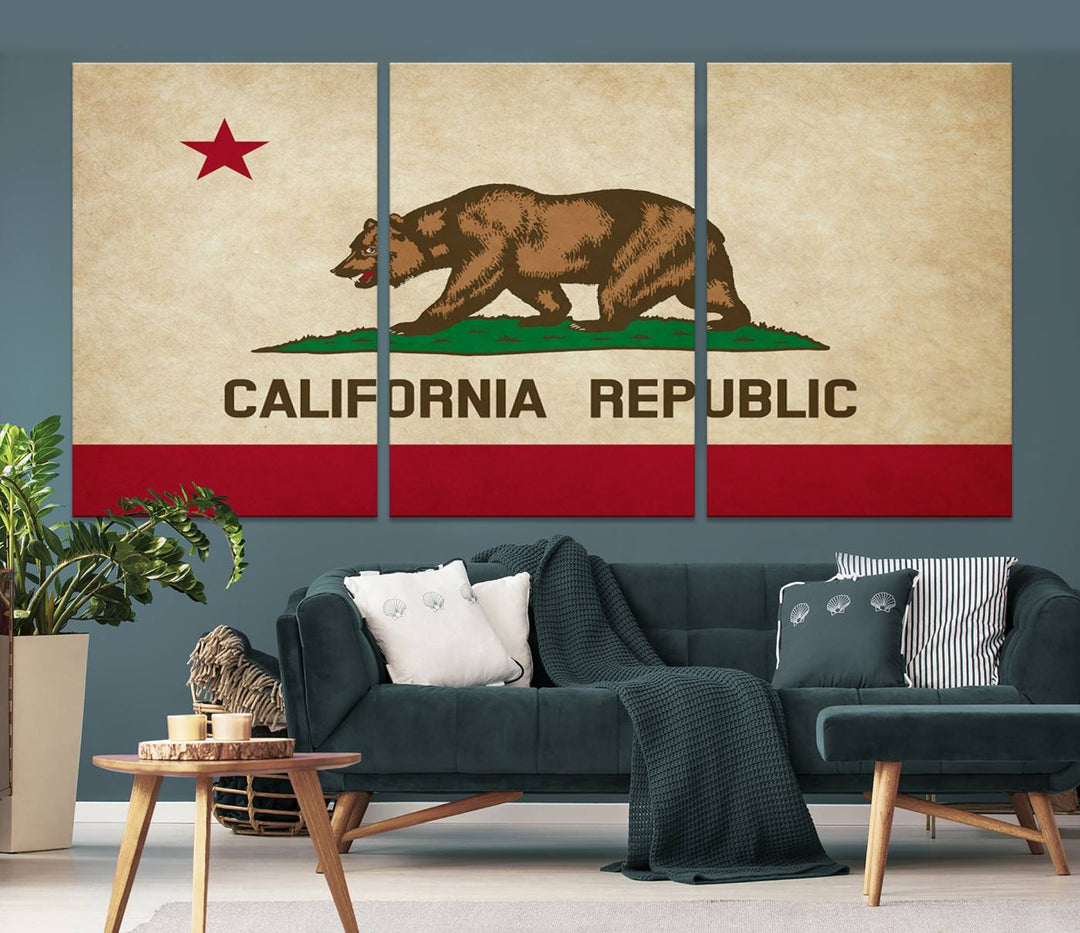 The Calinia States Flag Wall Art Canvas Print, featuring a bear and star design reminiscent of the California Republic flag, is crafted on museum-quality polycotton canvas with a UV-protective coating and is proudly made in the USA.