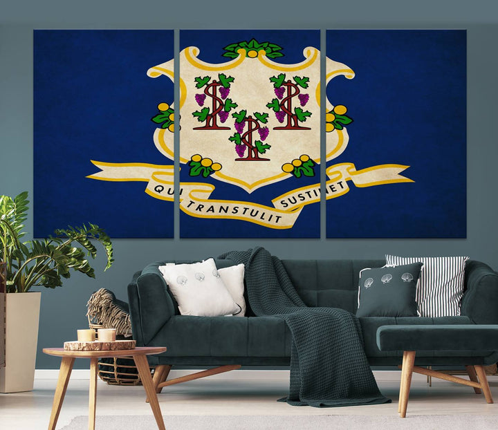 A "Size Connecticut States Flag Wall Art Canvas Print" hangs on the wall, its vibrancy preserved by a UV-protective coating.