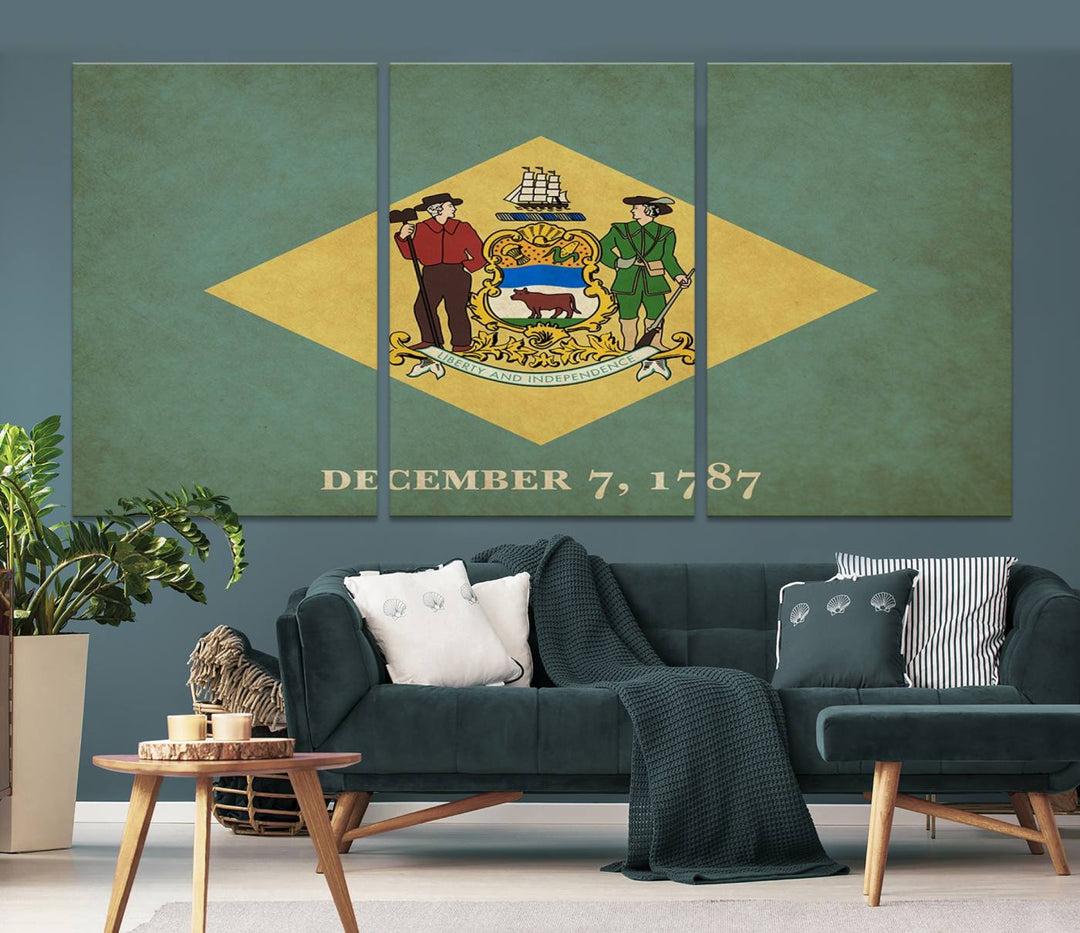 The Delaware States Flag Wall Art Canvas Print, featuring museum-quality material and a UV-protective coating, hangs elegantly, ready to be admired.