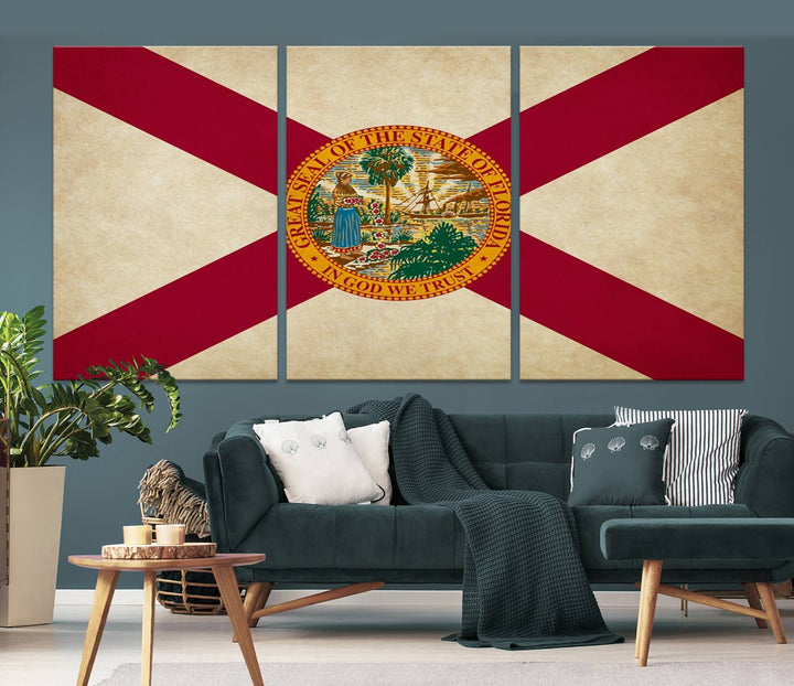 A Florida States Flag Wall Art Canvas Print, featuring a UV-protective coating for museum-quality preservation, is displayed.