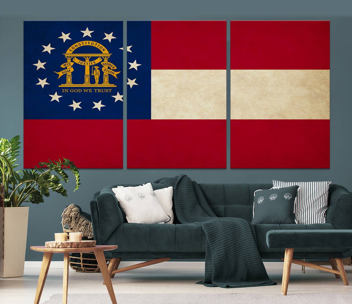 The Georgia States Flag Wall Art Canvas Print, coated with UV protection to preserve its vibrant colors, hangs on the wall.