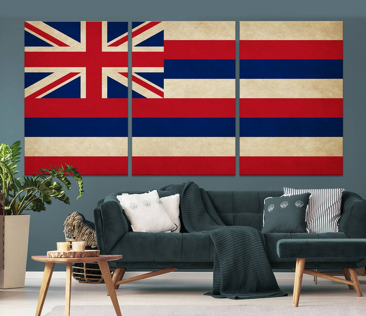 A stunning piece titled "Hawaii USA States Flag Wall Art Canvas Print" adorns the wall. This gallery-wrapped artwork is printed on museum-quality canvas and features a UV-protective coating, ensuring its vibrant colors remain timelessly beautiful.