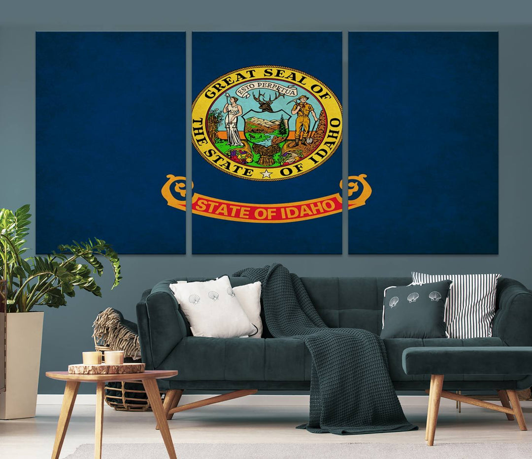 The Idaho USA States Flag Wall Art Canvas Print, featuring a UV-protective coating for lasting vibrancy, is ready to hang.