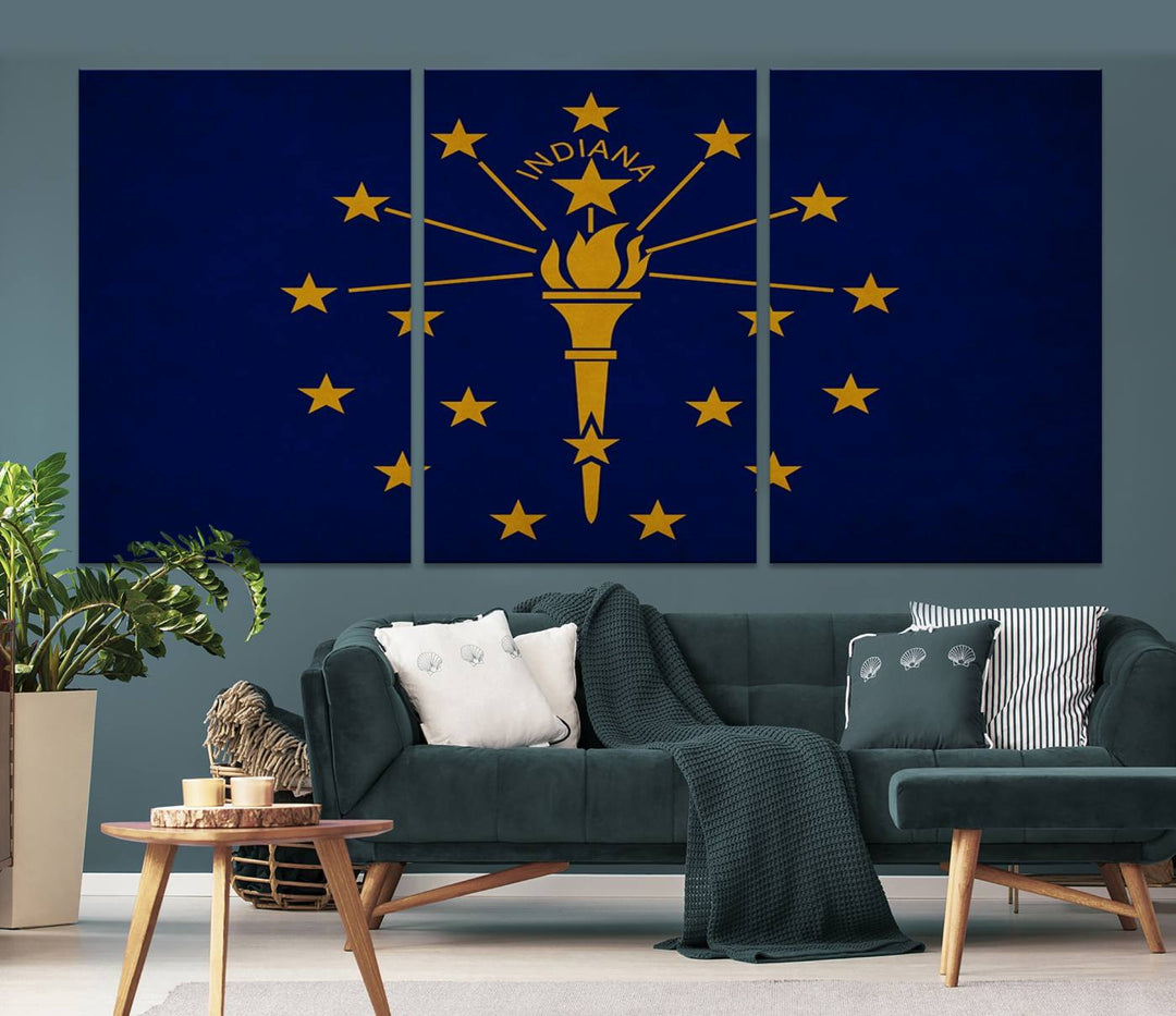 The Indiana States Flag Wall Art Canvas Print, featuring museum-quality canvas with a UV-protective coating, adorns the wall and brings an elegant and charming touch to your living space. Ready to hang, this piece becomes a standout feature in any room.