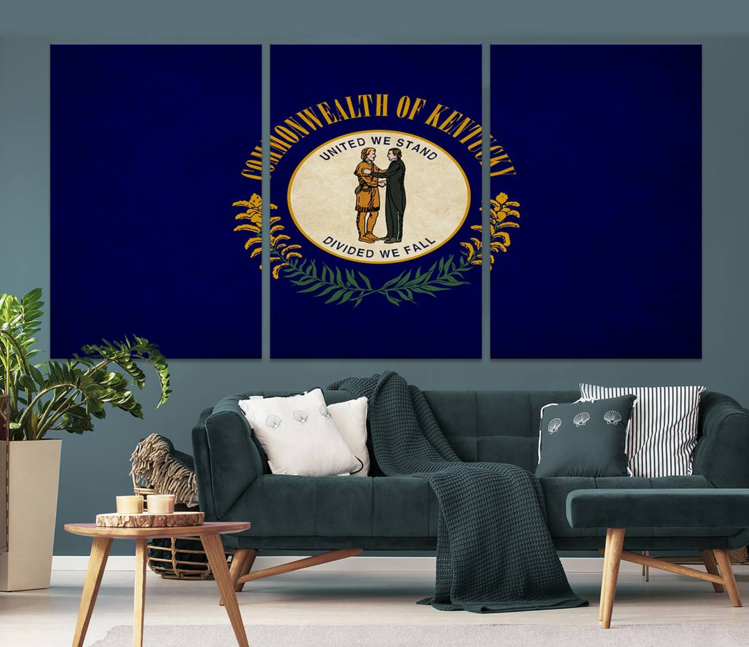 A museum-quality canvas of the Kentucky State Flag Wall Art graces the wall, featuring a UV-protective coating to maintain its vivid colors. Benefit from free shipping on this impressive home decor piece.