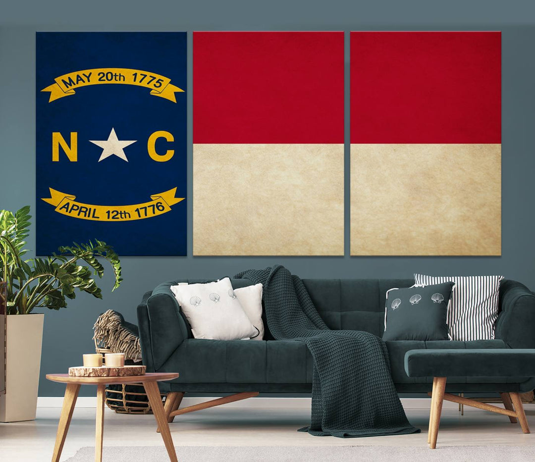 A museum-quality North Carolina State Flag Wall Art Canvas Print graces the wall, adding charm and character to any living space. Enjoy free shipping on this timeless piece.