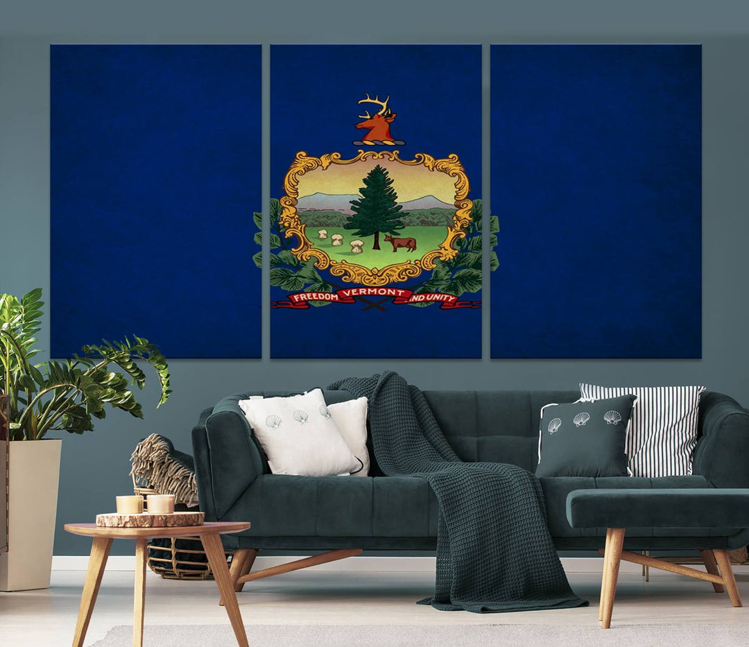 The Vermont Flag Wall Art Canvas Print is a museum-quality piece enhanced with UV-protective finishes, offering both style and durability. Enjoy free shipping on this classic decor addition.