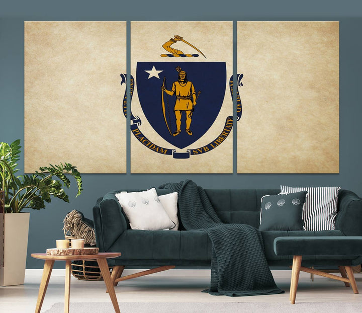 The Massachusetts State of Flag Wall Art Canvas Print, handcrafted on a museum-quality canvas with UV-protective coating, decorates the wall. It is ready to hang and adds a touch of elegance to the space.