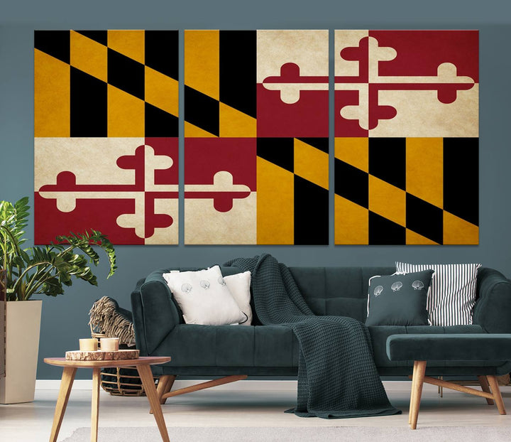 The Maryland Flag Wall Art Canvas Print, boasting a UV-protective coating for vibrant colors and durability, is a museum-quality piece offered with free shipping, making it the perfect addition to your space.