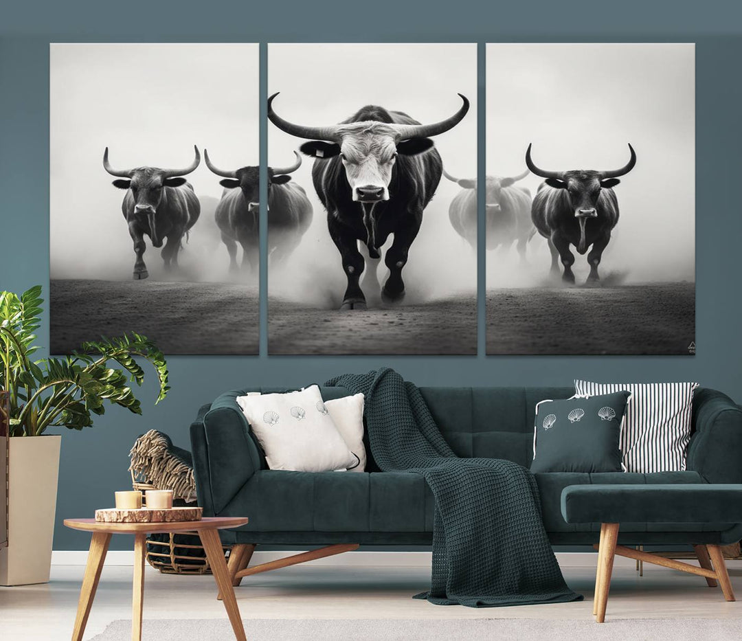 The Texas Longhorn Cow Animal Wall Art Canvas Print beautifully embellishes the area with its depiction of longhorn cattle in a misty setting, seamlessly integrating Western decor into the space.