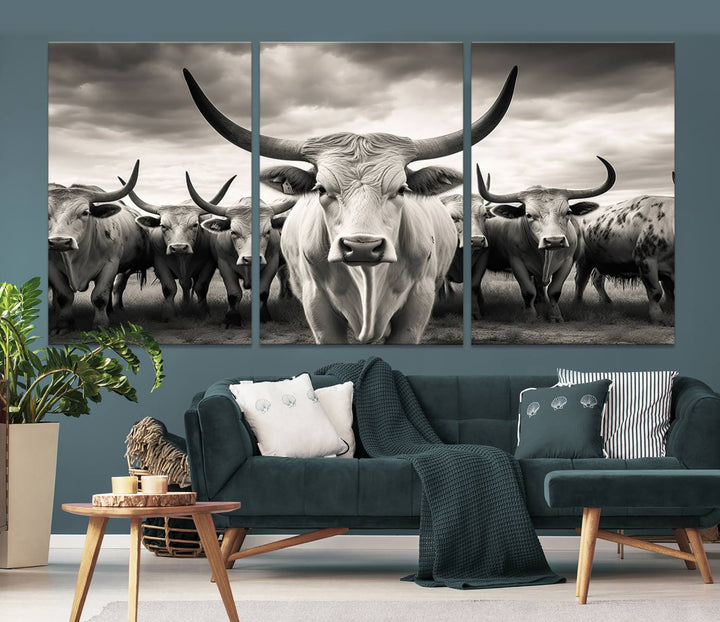 A Texas Longhorn Cow Animal Wall Art Canvas Print introduces a Western-themed accent.