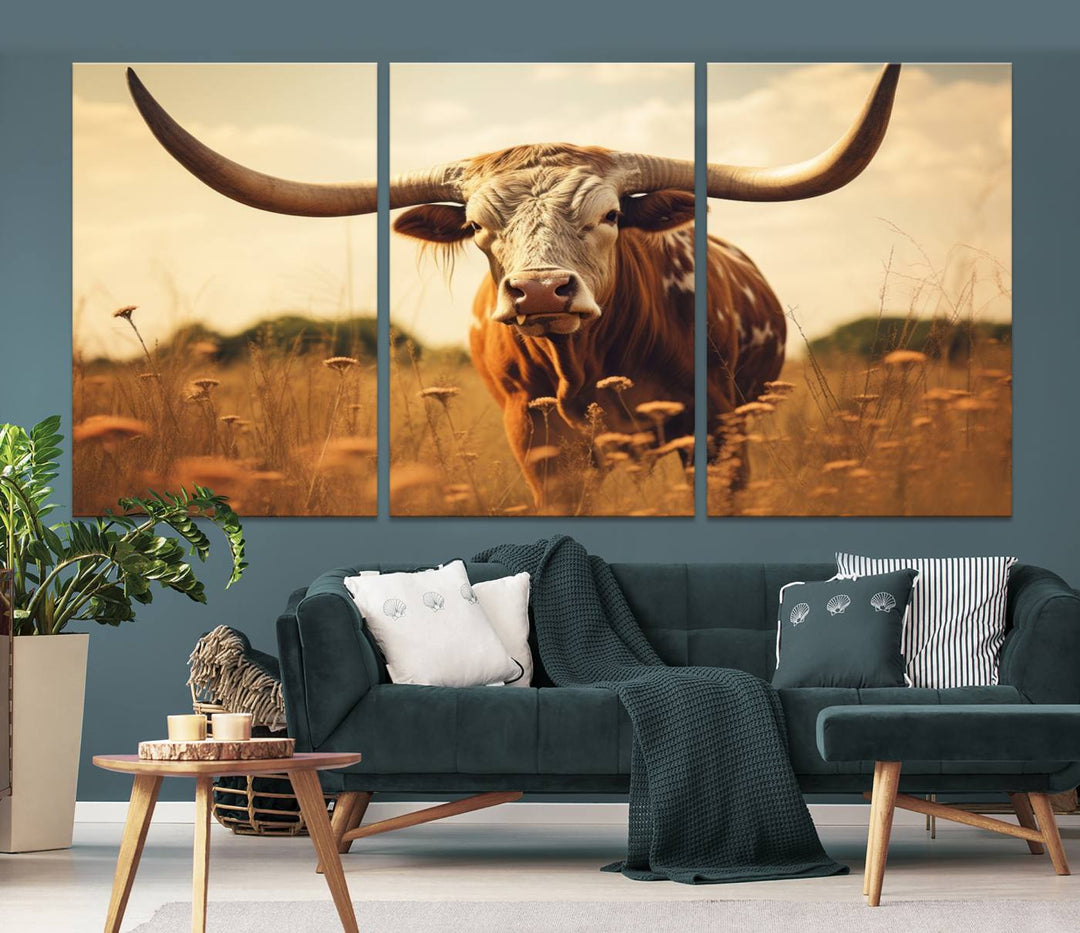 Cow Bighorn Wall Art Canvas Print, Longhorn Texas Cow Animal Canvas Print