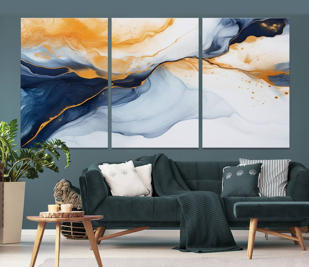 Modern living room featuring the 'Extra Large Orange Navy Blue Abstract Wall Art Canvas Print.'