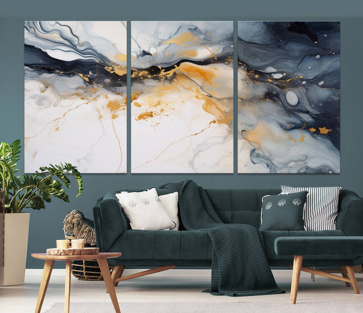 The Dark Blue and Orange Abstract Wall Art, featuring museum-quality canvas with captivating dark and golden swirls, is ready to hang and boasts a UV-protective coating to ensure enduring vibrancy and sophistication.