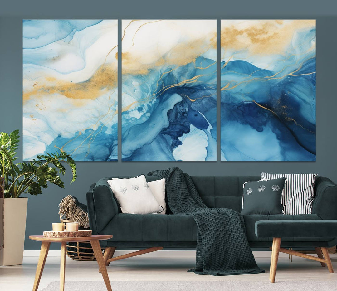 Blue and Gold Abstract Canvas Wall Art Print – Contemporary Fluid Design with Luxe Marble Effect – Ready to Hang